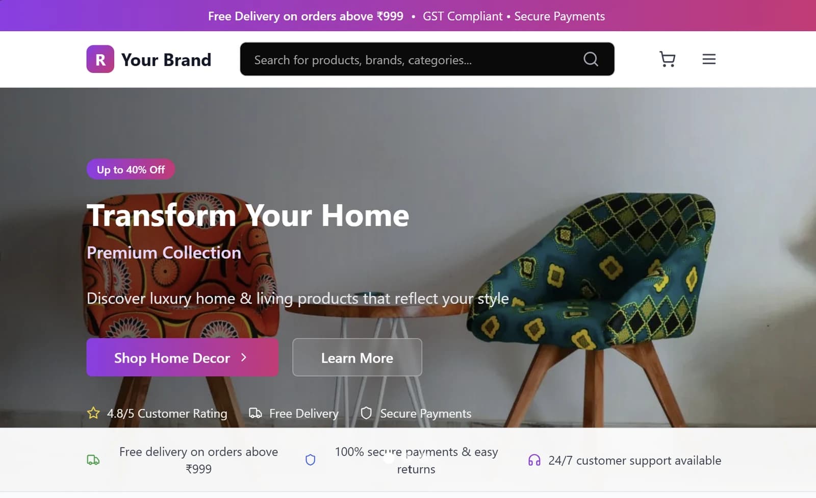 E-commerce storefront for a demonstration tenant with a hero banner, search and promotional bar.