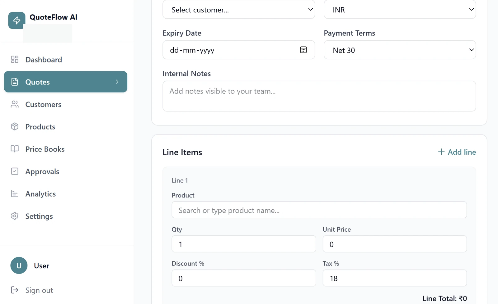 Quote-composition screen with customer, currency, payment terms, notes and line-item pricing fields.