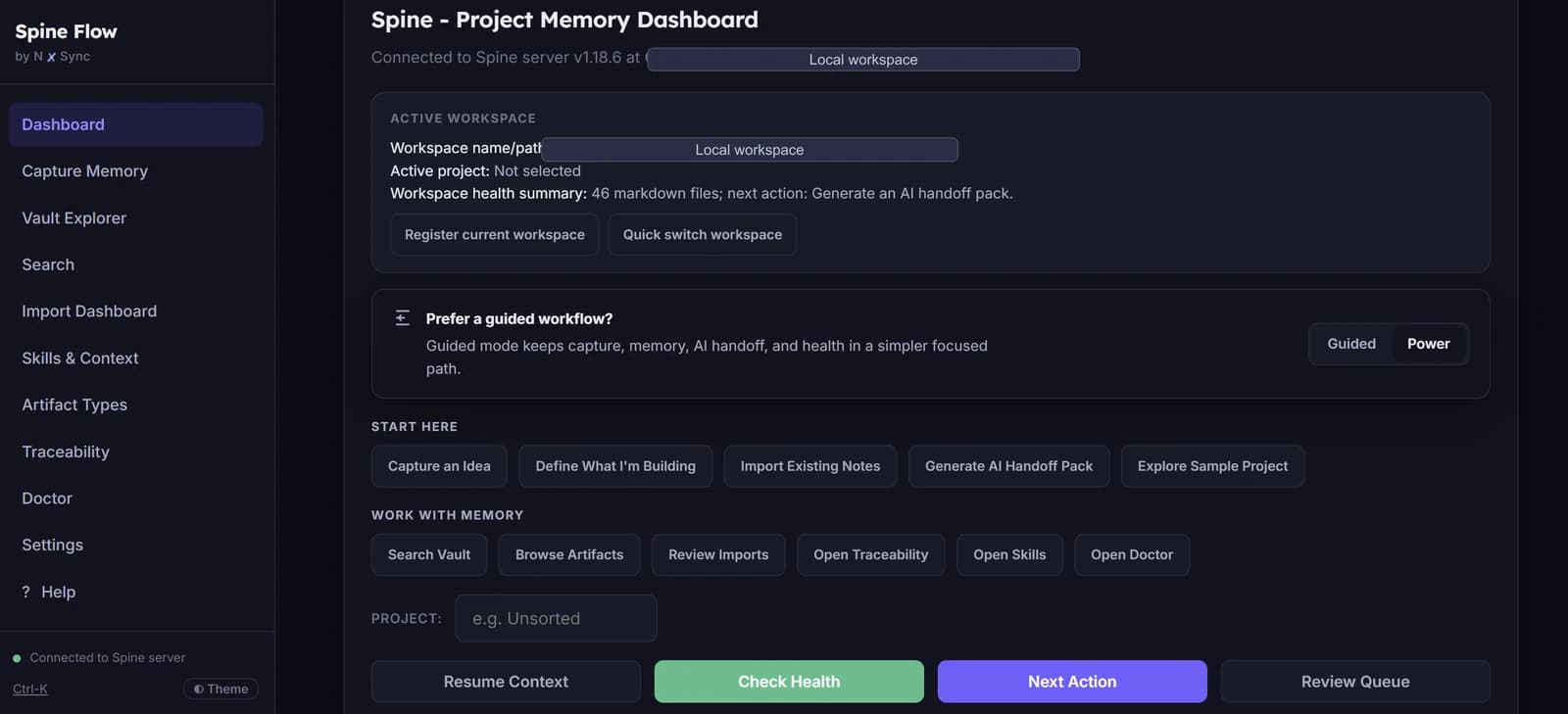Dark project-memory dashboard with capture, traceability, handover and health actions.