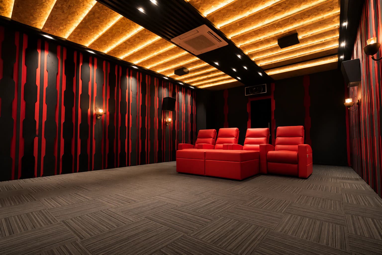 Depth view through a Synchronos home theatre showing seating rows and room proportions.