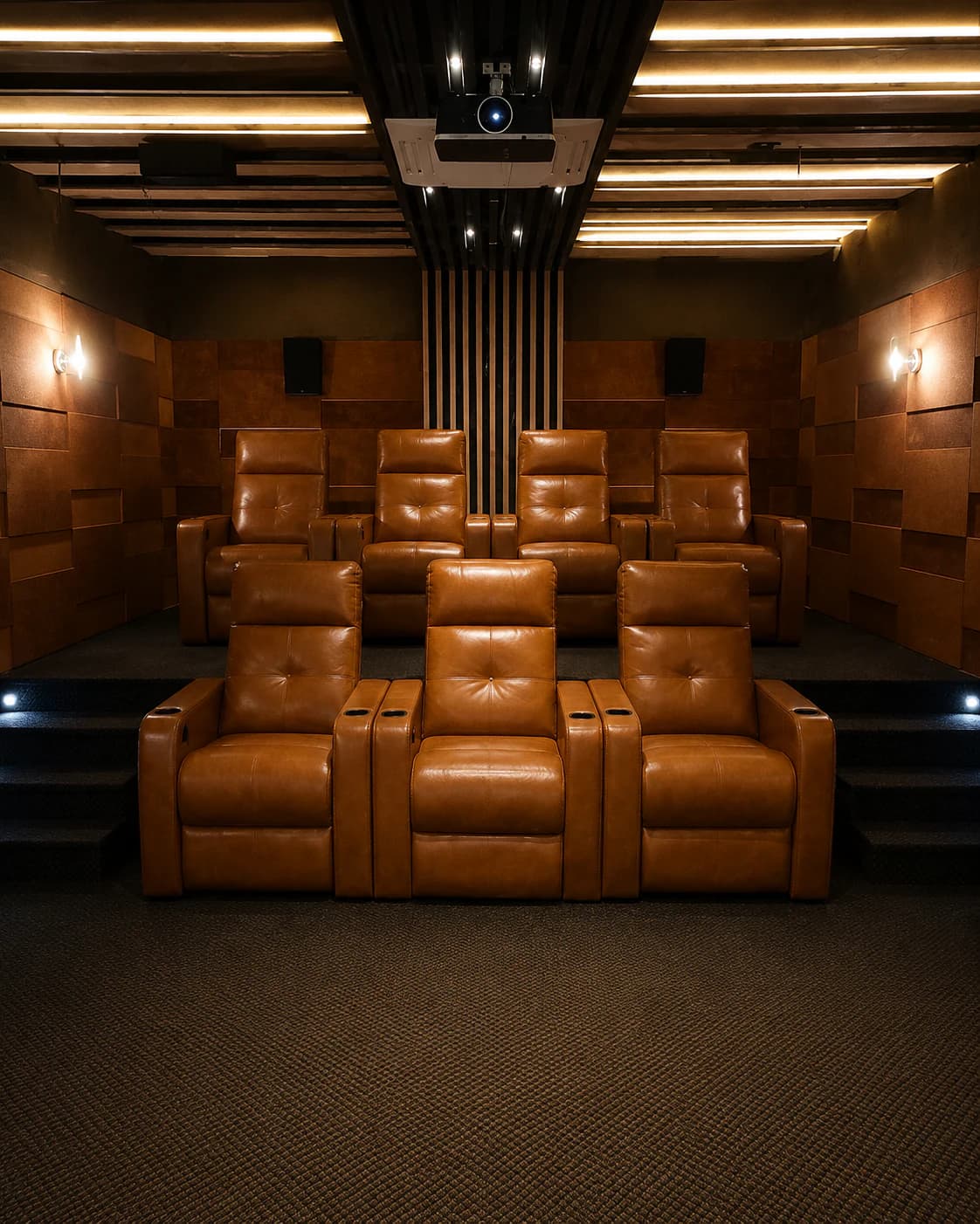 Completed private home theatre with tiered seating, acoustic wall treatment and calibrated screen wall.