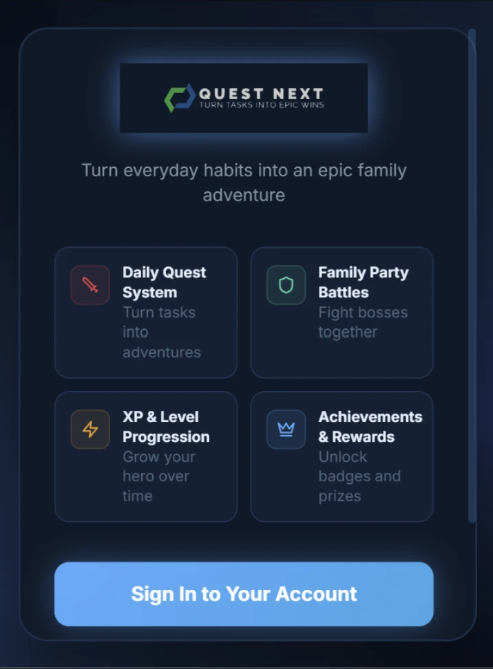 Quest Next sign-in screen with the family-adventure proposition and four feature cards.
