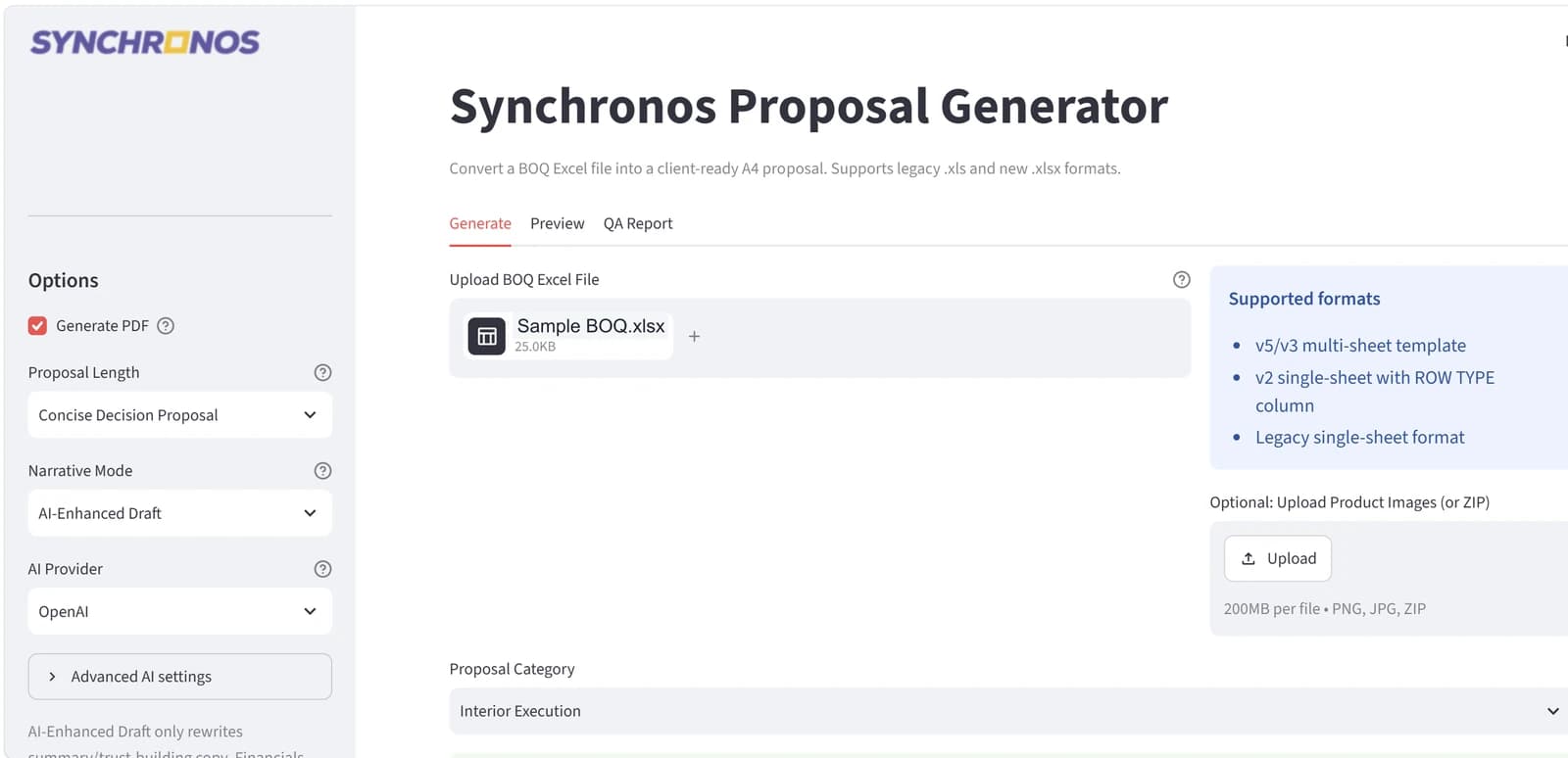 Proposal-generation interface with BOQ upload, narrative controls, preview and QA navigation.